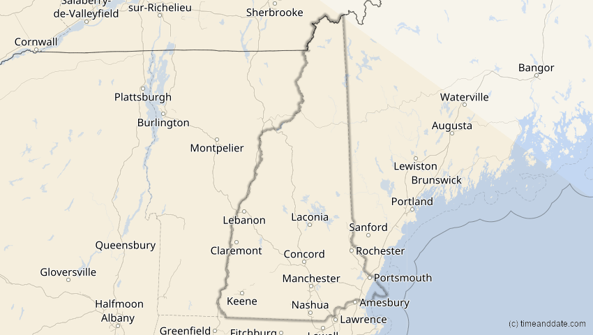 A map of New Hampshire, USA, showing the path of the 23. Sep 2071 Totale Sonnenfinsternis