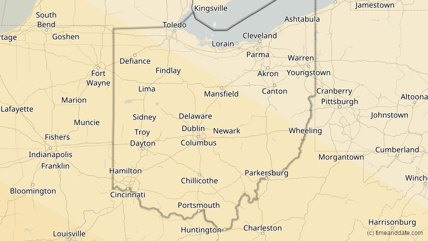 A map of Ohio, USA, showing the path of the 23. Sep 2071 Totale Sonnenfinsternis