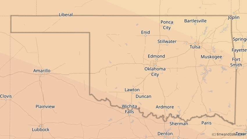 A map of Oklahoma, USA, showing the path of the 23. Sep 2071 Totale Sonnenfinsternis