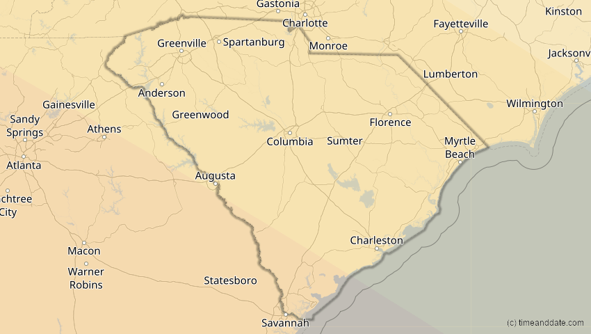 A map of South Carolina, USA, showing the path of the 23. Sep 2071 Totale Sonnenfinsternis