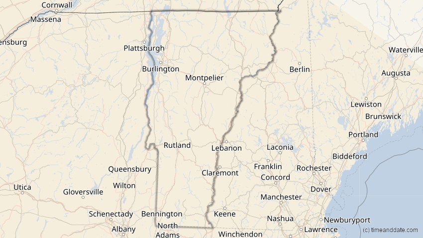 A map of Vermont, USA, showing the path of the 23. Sep 2071 Totale Sonnenfinsternis