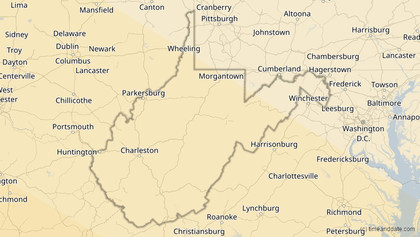 A map of West Virginia, USA, showing the path of the 23. Sep 2071 Totale Sonnenfinsternis