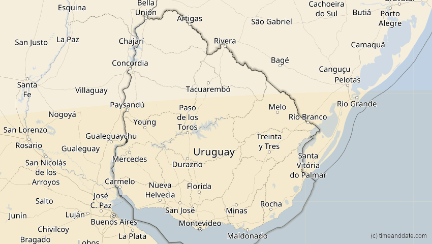 A map of Uruguay, showing the path of the 19. Mär 2072 Partielle Sonnenfinsternis