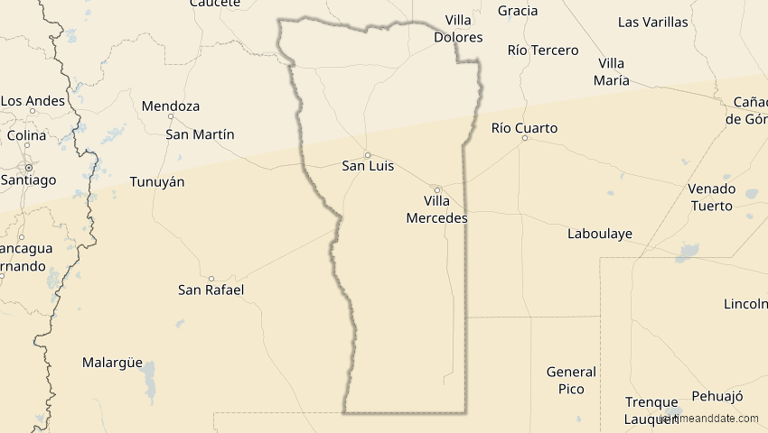 A map of San Luis, Argentinien, showing the path of the 19. Mär 2072 Partielle Sonnenfinsternis
