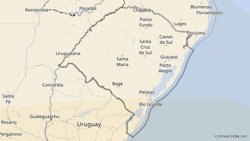 A map of Rio Grande do Sul, Brasilien, showing the path of the 19. Mär 2072 Partielle Sonnenfinsternis