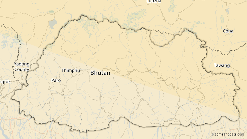A map of Bhutan, showing the path of the 12. Sep 2072 Totale Sonnenfinsternis