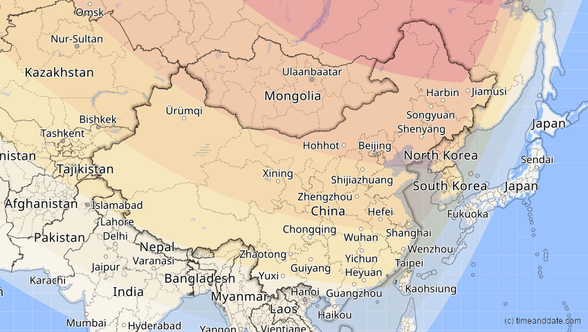 A map of China, showing the path of the 12. Sep 2072 Totale Sonnenfinsternis