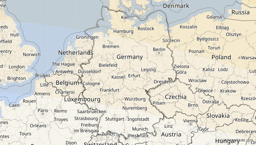 A map of Deutschland, showing the path of the 12. Sep 2072 Totale Sonnenfinsternis