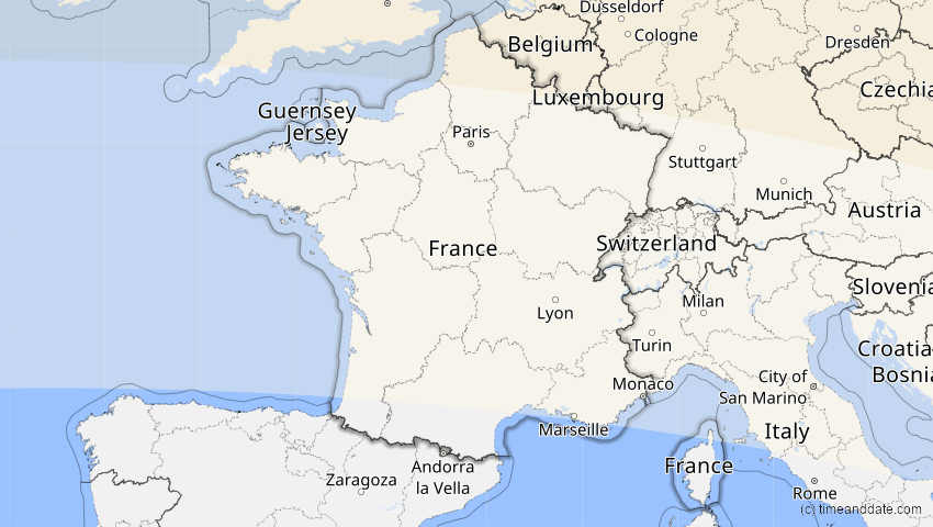 A map of Frankreich, showing the path of the 12. Sep 2072 Totale Sonnenfinsternis
