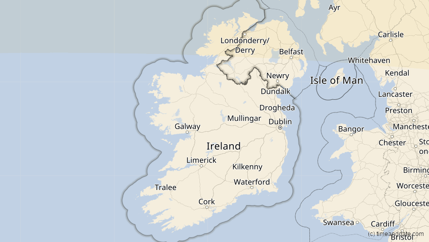 A map of Irland, showing the path of the 12. Sep 2072 Totale Sonnenfinsternis