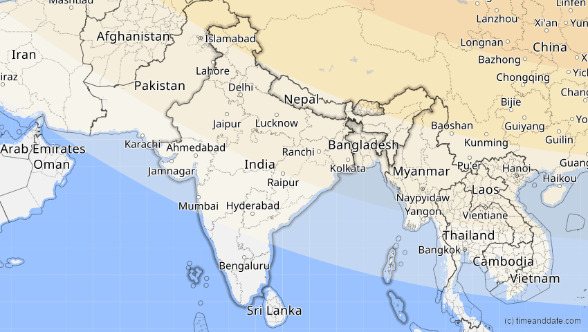 A map of Indien, showing the path of the 12. Sep 2072 Totale Sonnenfinsternis