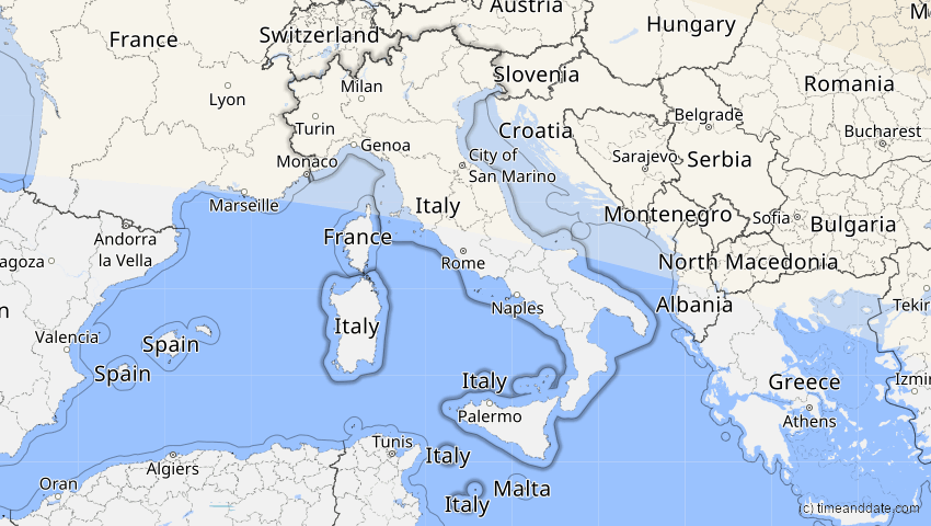 A map of Italien, showing the path of the 12. Sep 2072 Totale Sonnenfinsternis