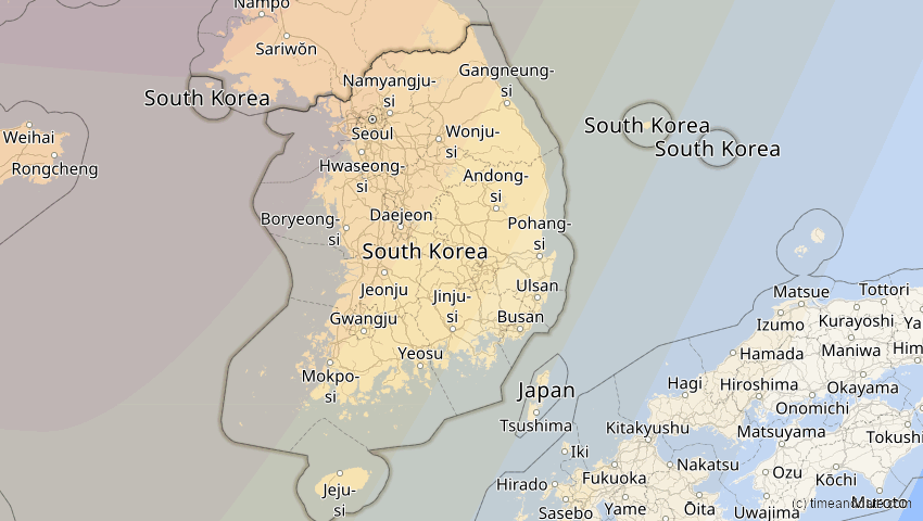 A map of Südkorea, showing the path of the 12. Sep 2072 Totale Sonnenfinsternis