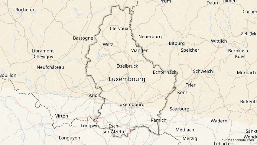 A map of Luxemburg, showing the path of the 12. Sep 2072 Totale Sonnenfinsternis