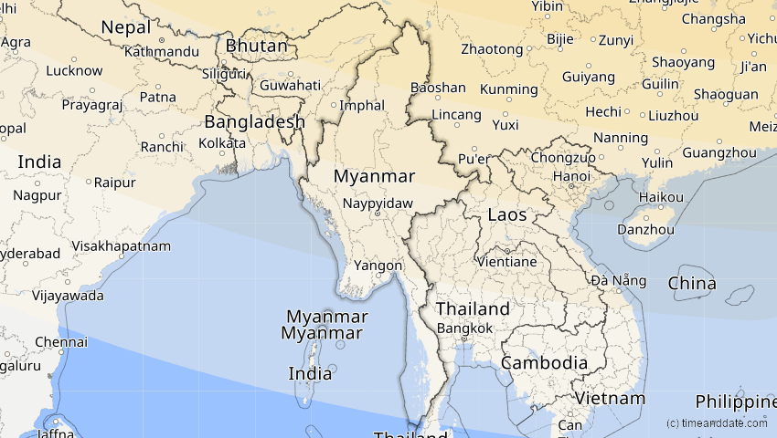 A map of Myanmar, showing the path of the 12. Sep 2072 Totale Sonnenfinsternis