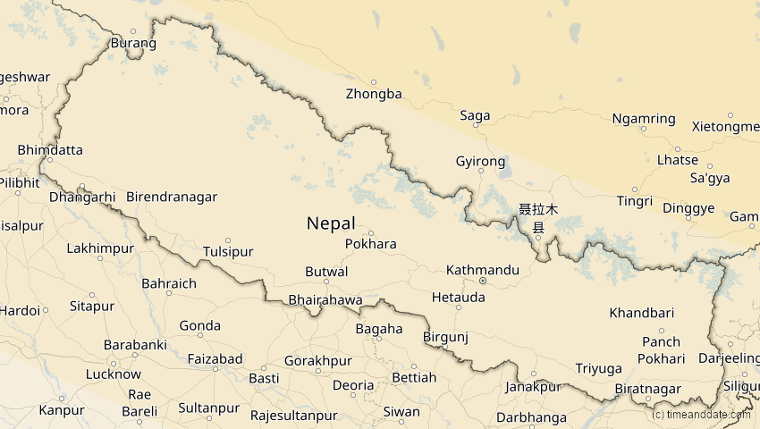 A map of Nepal, showing the path of the 12. Sep 2072 Totale Sonnenfinsternis