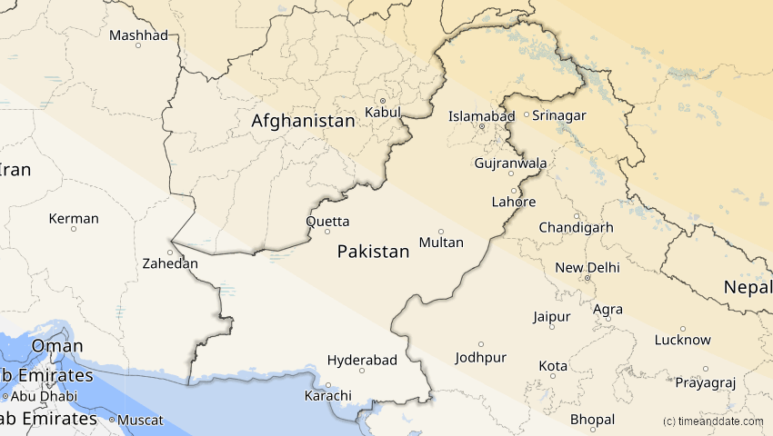 A map of Pakistan, showing the path of the 12. Sep 2072 Totale Sonnenfinsternis