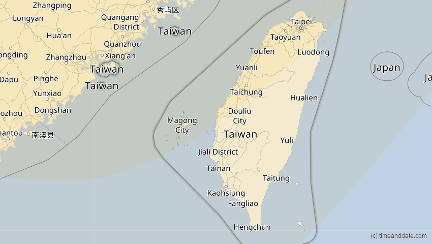 A map of Taiwan, showing the path of the 12. Sep 2072 Totale Sonnenfinsternis