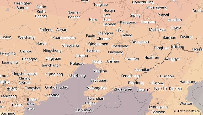 A map of Liaoning, China, showing the path of the 12. Sep 2072 Totale Sonnenfinsternis