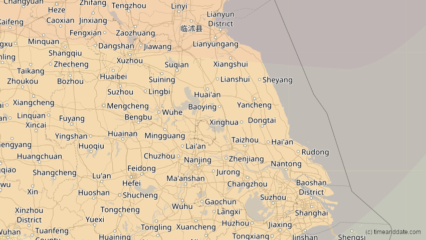 A map of Jiangsu, China, showing the path of the 12. Sep 2072 Totale Sonnenfinsternis