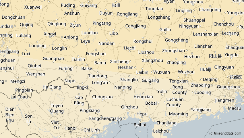 A map of Guangxi, China, showing the path of the 12. Sep 2072 Totale Sonnenfinsternis