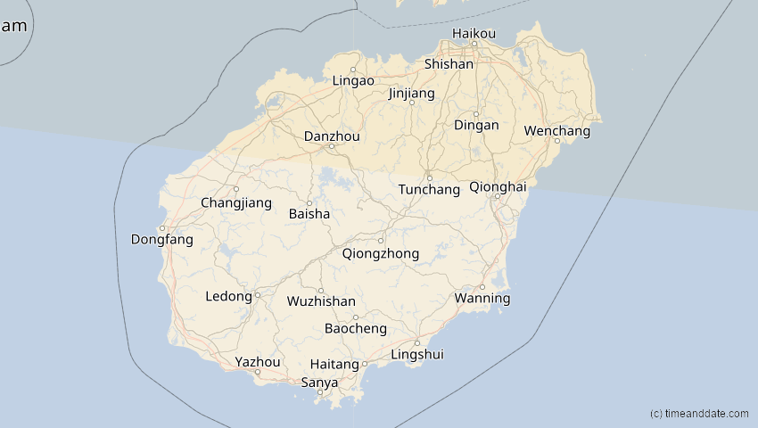 A map of Hainan, China, showing the path of the 12. Sep 2072 Totale Sonnenfinsternis