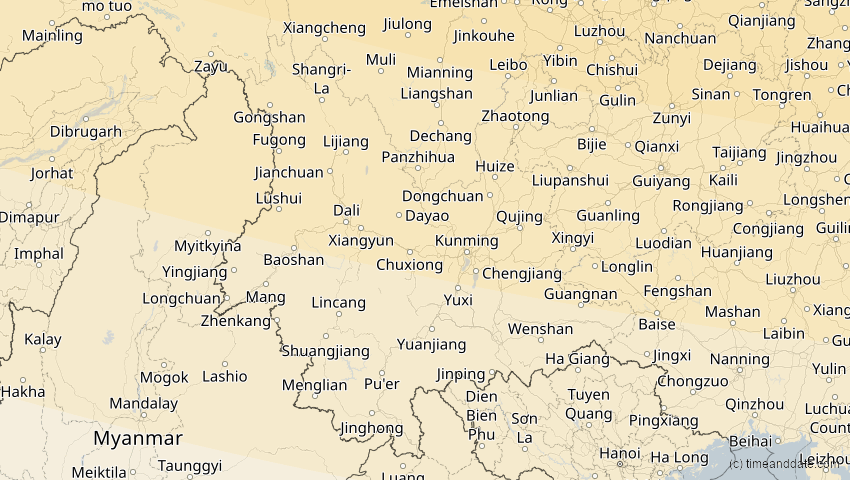 A map of Yunnan, China, showing the path of the 12. Sep 2072 Totale Sonnenfinsternis