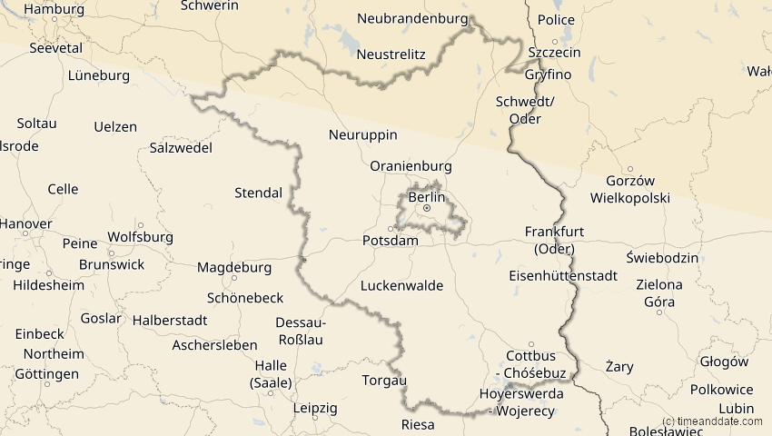 A map of Brandenburg, Deutschland, showing the path of the 12. Sep 2072 Totale Sonnenfinsternis