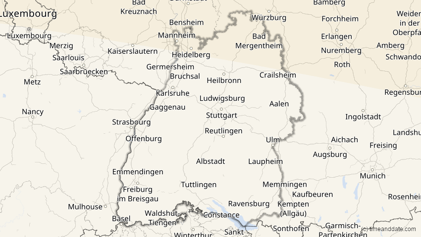 A map of Baden-Württemberg, Deutschland, showing the path of the 12. Sep 2072 Totale Sonnenfinsternis