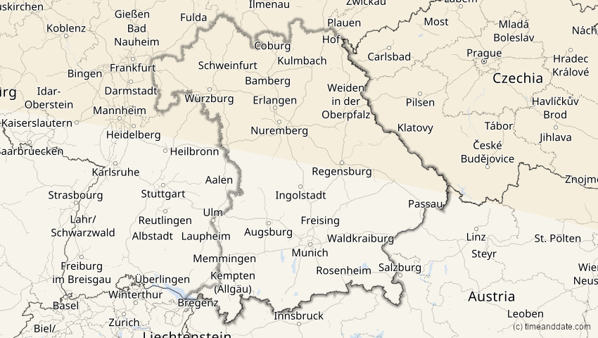 A map of Bayern, Deutschland, showing the path of the 12. Sep 2072 Totale Sonnenfinsternis