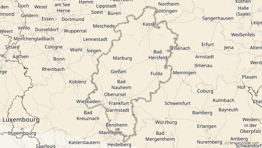 A map of Hessen, Deutschland, showing the path of the 12. Sep 2072 Totale Sonnenfinsternis