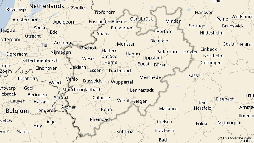 A map of Nordrhein-Westfalen, Deutschland, showing the path of the 12. Sep 2072 Totale Sonnenfinsternis
