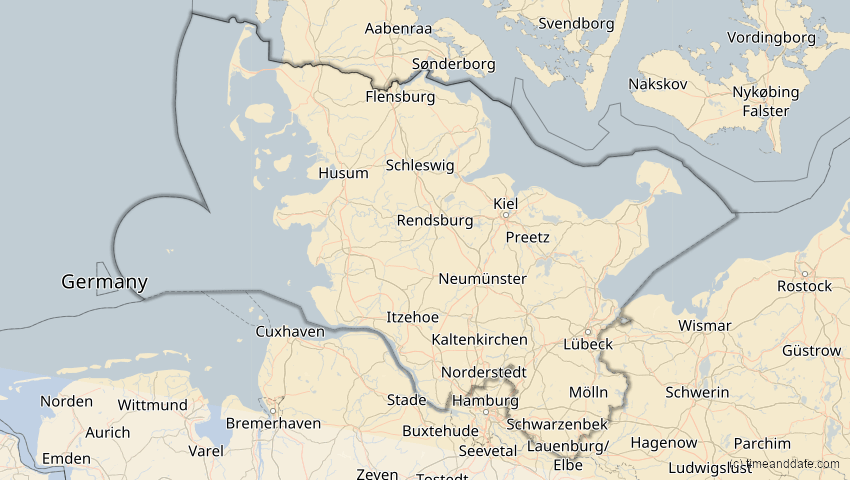 A map of Schleswig-Holstein, Deutschland, showing the path of the 12. Sep 2072 Totale Sonnenfinsternis