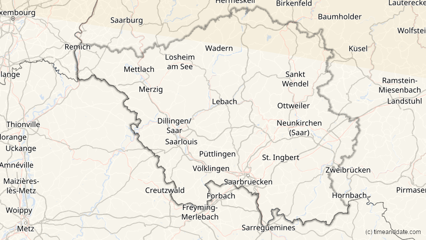 A map of Saarland, Deutschland, showing the path of the 12. Sep 2072 Totale Sonnenfinsternis