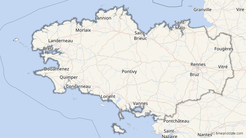 A map of Bretagne, Frankreich, showing the path of the 12. Sep 2072 Totale Sonnenfinsternis