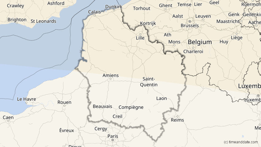 A map of Hauts-de-France, Frankreich, showing the path of the 12. Sep 2072 Totale Sonnenfinsternis