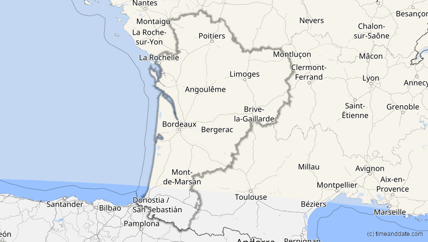 A map of Nouvelle-Aquitaine, Frankreich, showing the path of the 12. Sep 2072 Totale Sonnenfinsternis