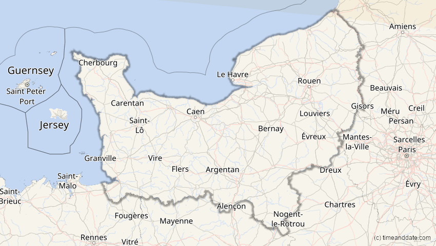 A map of Normandie, Frankreich, showing the path of the 12. Sep 2072 Totale Sonnenfinsternis