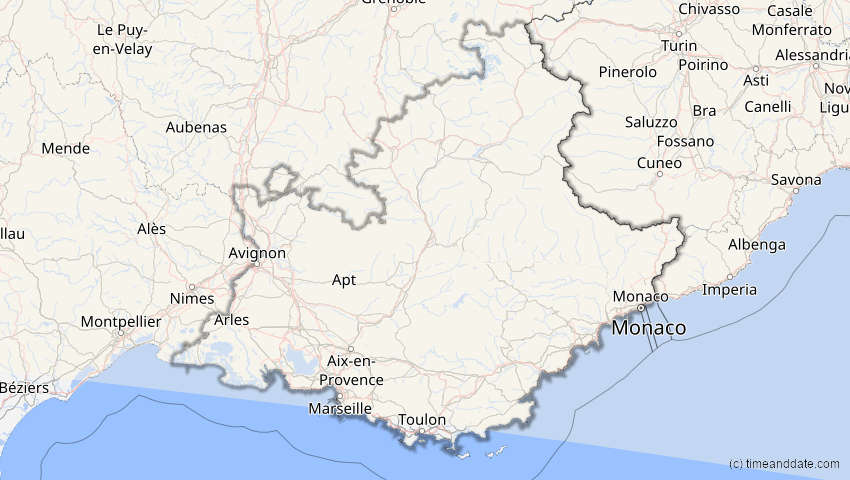 A map of Provence-Alpes-Côte d’Azur, Frankreich, showing the path of the 12. Sep 2072 Totale Sonnenfinsternis