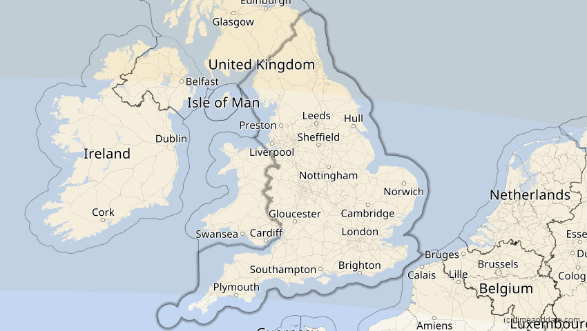 A map of England, Großbritannien, showing the path of the 12. Sep 2072 Totale Sonnenfinsternis