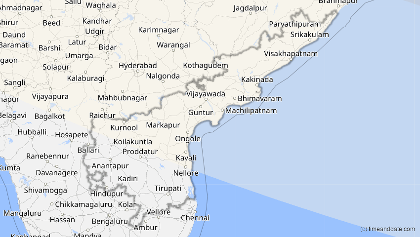A map of Andhra Pradesh, Indien, showing the path of the 12. Sep 2072 Totale Sonnenfinsternis