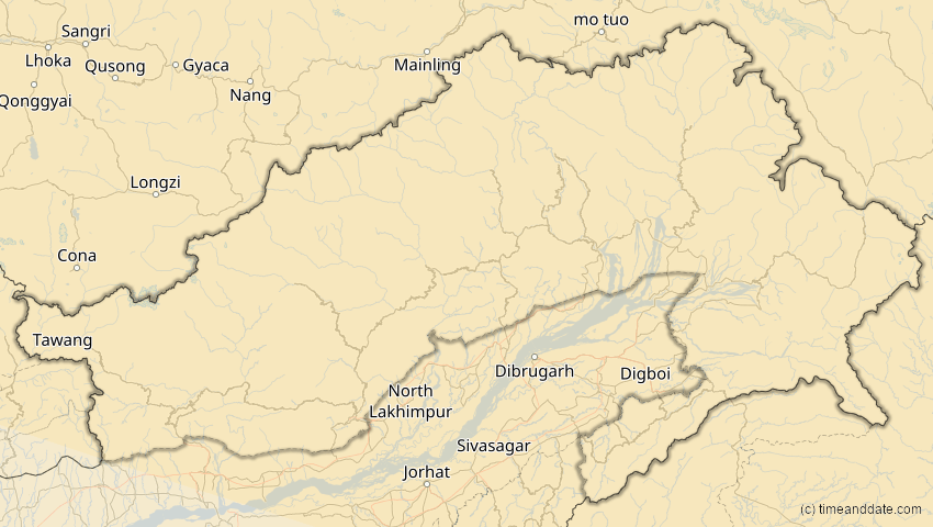 A map of Arunachal Pradesh, Indien, showing the path of the 12. Sep 2072 Totale Sonnenfinsternis