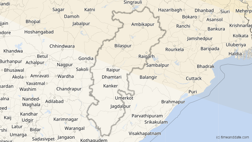 A map of Chhattisgarh, Indien, showing the path of the 12. Sep 2072 Totale Sonnenfinsternis