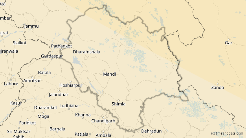 A map of Himachal Pradesh, Indien, showing the path of the 12. Sep 2072 Totale Sonnenfinsternis