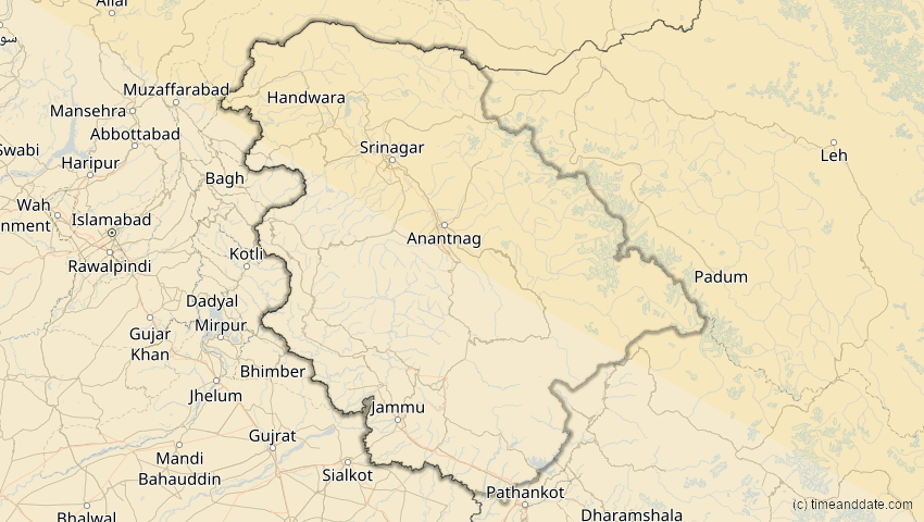 A map of Jammu und Kashmir, Indien, showing the path of the 12. Sep 2072 Totale Sonnenfinsternis