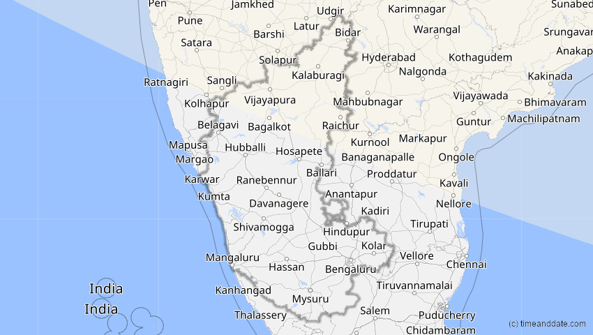 A map of Karnataka, Indien, showing the path of the 12. Sep 2072 Totale Sonnenfinsternis