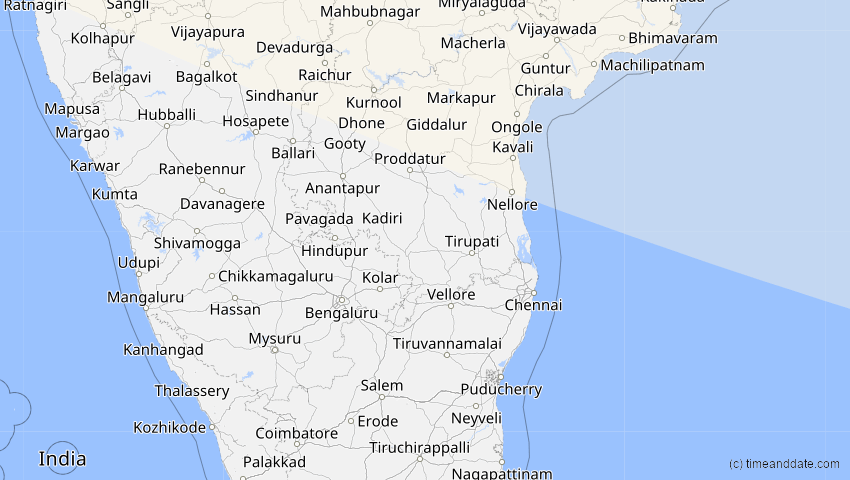 A map of Pondicherry, Indien, showing the path of the 12. Sep 2072 Totale Sonnenfinsternis