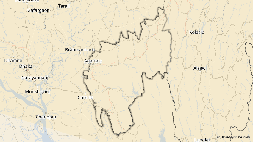 A map of Tripura, Indien, showing the path of the 12. Sep 2072 Totale Sonnenfinsternis
