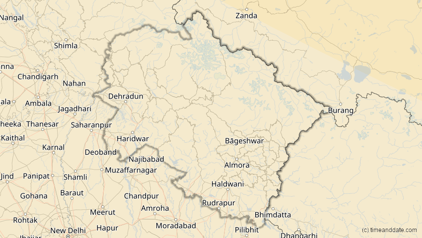 A map of Uttarakhand, Indien, showing the path of the 12. Sep 2072 Totale Sonnenfinsternis
