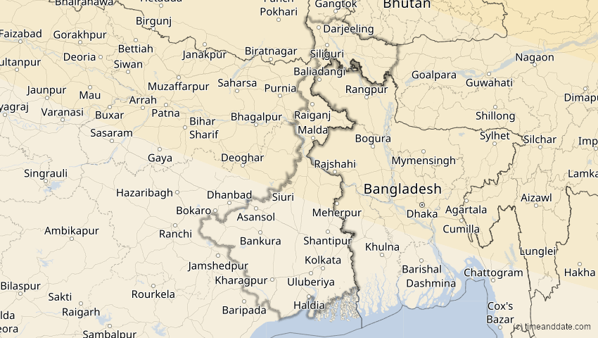 A map of Westbengalen, Indien, showing the path of the 12. Sep 2072 Totale Sonnenfinsternis